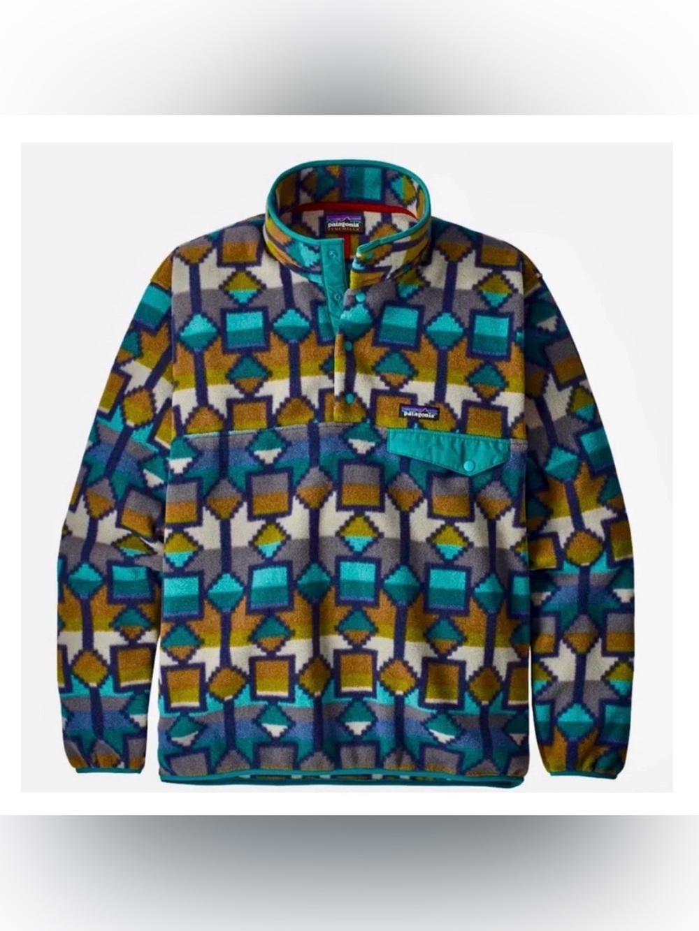 Patagonia Synchilla Men’s Teal Geometric Snap Fleece Pullover size Medium